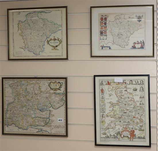 Robert Morden, coloured engraving, Map of Essex, 35 x 42cm and three later maps